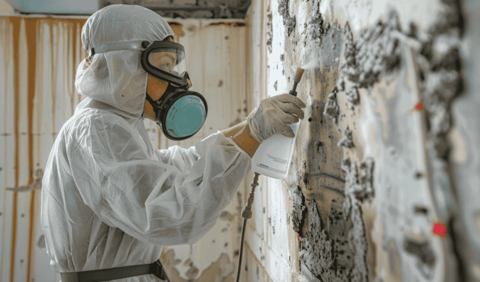 Operative in protective suit and respirator sampling a wall for asbestos testing