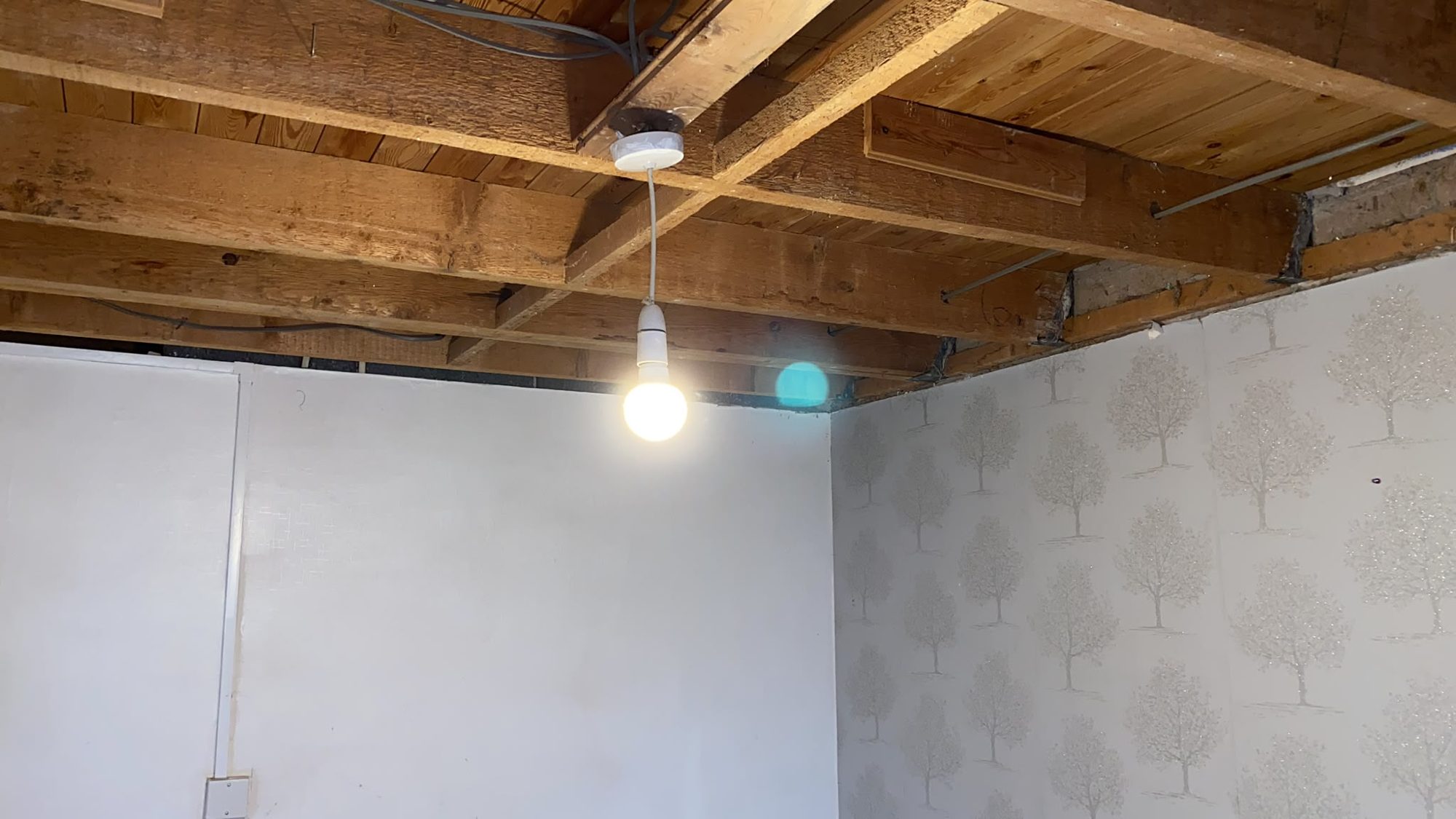 Ceiling joists exposed after asbestos artex ceiling removal in Anglesey